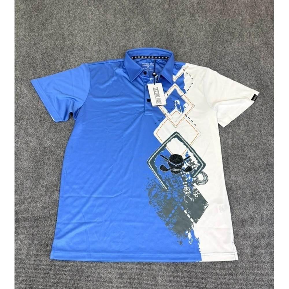 NWT Tattoo Golf Polo Shirt Mens  Blue White Players Edition Skull Graphic Size M